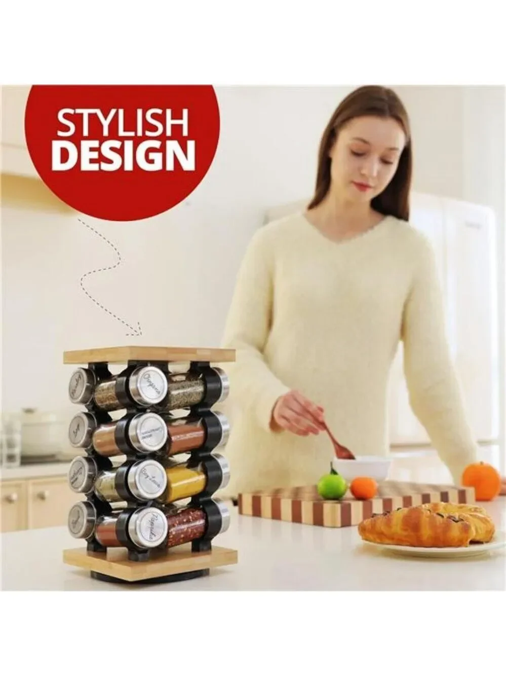 Rotating spice rack with 16 jars pre filled spices countertop organizer carousel